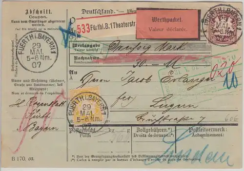 Bayern - 50+40 Pfg Wappen Wertpaketkarte i.d. SCHWEIZ Fürth - Luzern 1907