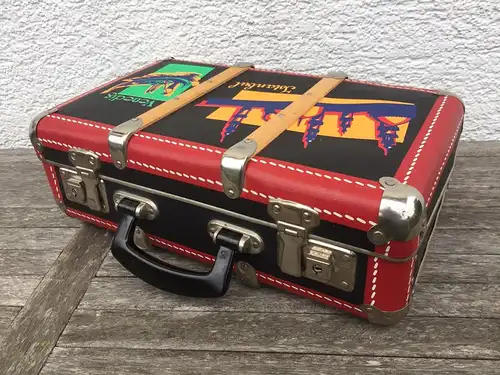 Kinderkoffer mit Holzleisten Retro Globetrotter schwarz rot