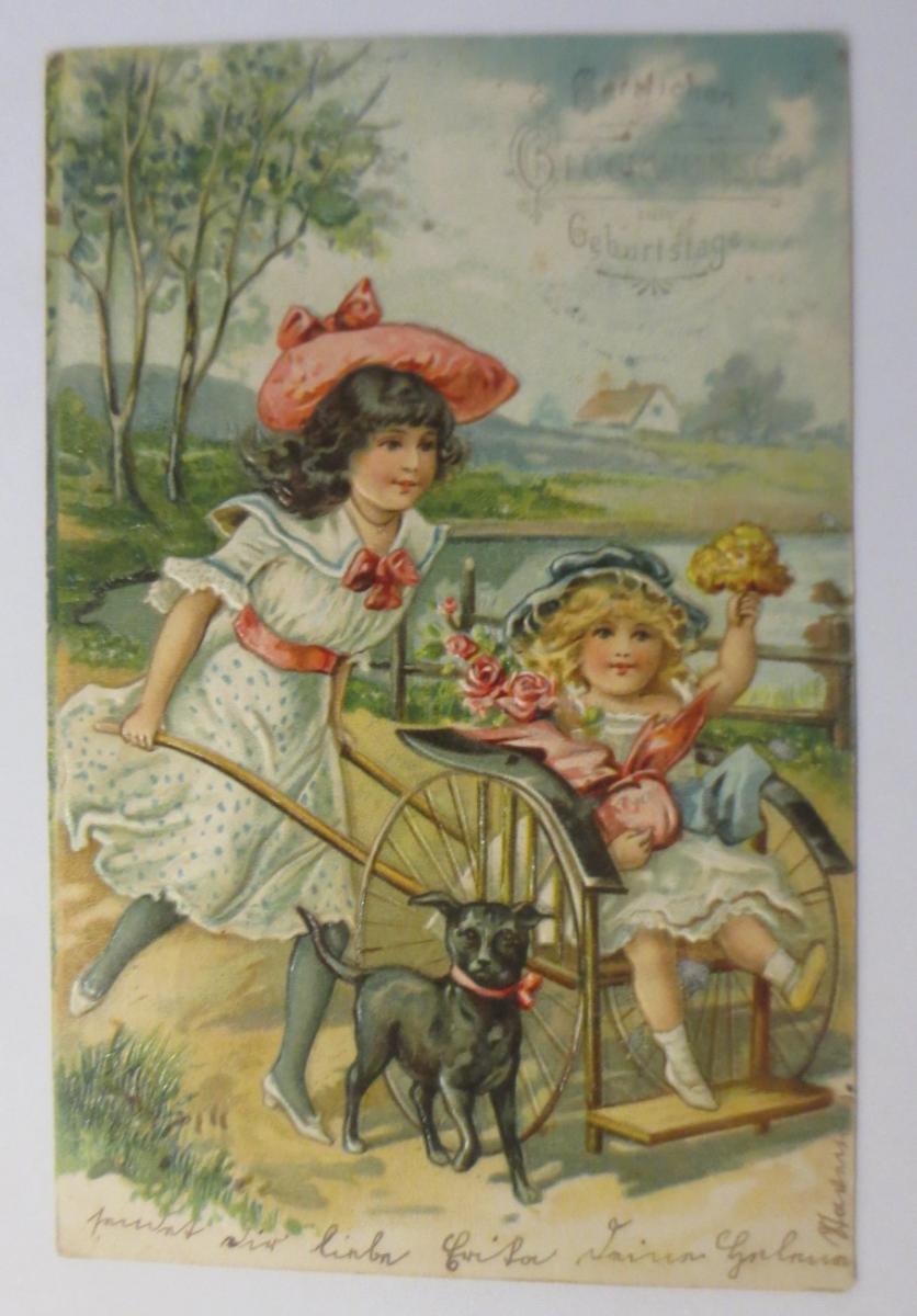 Geburtstag, Kinder, Mode, Hund, Rollstuhl, 1905, Prägekarte ♥ (23947