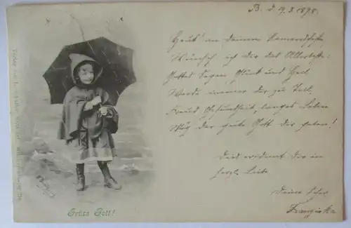 Kind mit Regenschirm Regen-Umhang, Grüss Gott, Verlag Schaller 1898 (17815)