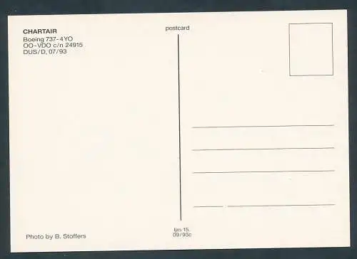 [Ansichtskarte] CHARTAIR, Boeing 737-4YO, OO-VDO c/n 24915,DUS/D, 07/93. 