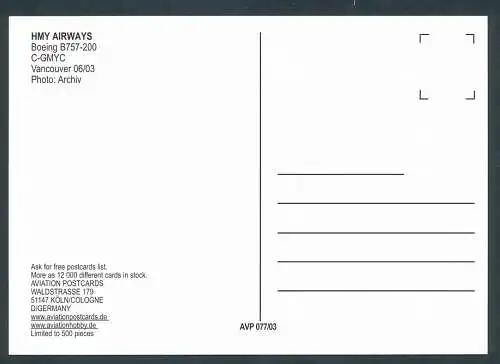 [Ansichtskarte] HMY AIRWAYS, Boeing B757-200. 