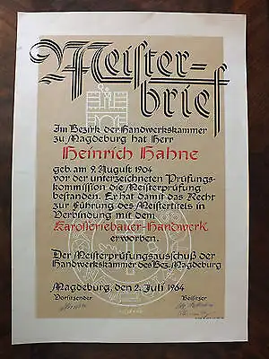 Meisterbrief, Karosseriebauer - Handwerk, Magdeburg, Heinrich Hahne, 1964, TOP!!