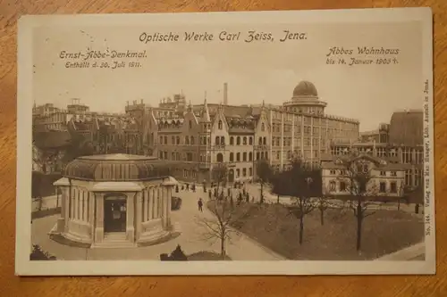 AK Jena, Optische Werke Carl Zeiss, Ernst Abbe-Denkmal, Abbes Wohnhaus, 1912 gel