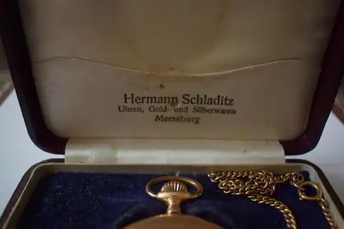 Taschenuhr mit Kette Gold 585 im Etui, Hermann Schladitz Merseburg, Läuft!!!