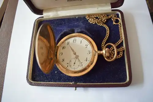 Taschenuhr mit Kette Gold 585 im Etui, Hermann Schladitz Merseburg, Läuft!!!