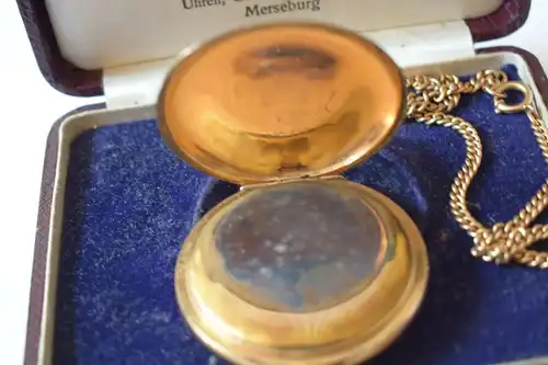 Taschenuhr mit Kette Gold 585 im Etui, Hermann Schladitz Merseburg, Läuft!!!