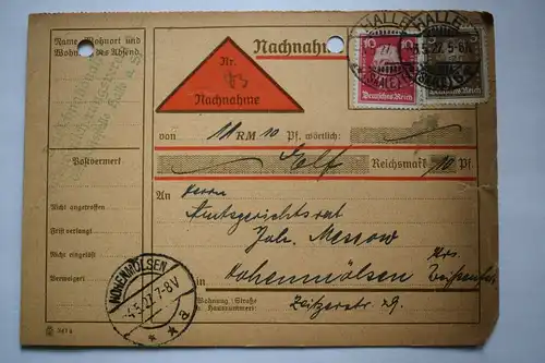 Ganzsache 1927 Nachnahme, Deutsches Reich, Stempel Halle Hohenmölsen