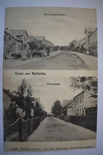 Ak Gruss aus Mallmitz, Eisenbergerstraße u. Neustrasse 1912 gelaufen Bahnpost