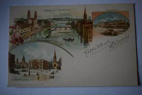 Ak Gruss aus Zürich, Paradeplatz, Bahnhof, Blick auf die Alpen, um 1900 n. gel.