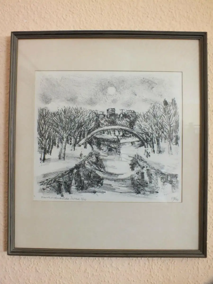 Lithographie Forstwerderbrücke, FM Künstler aus Halle /Saale um 1970 0