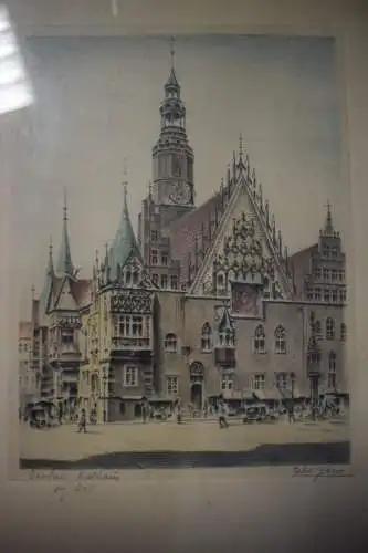 Breslau Rathaus, Original Radierung, signiert, 42cm x 32cm