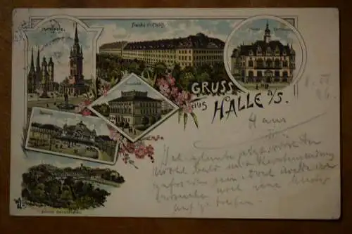 Ak Halle (S.), Litho, Gruss aus Halle, Markt, Uni, Bahnhof, Stiftungen, um 1896