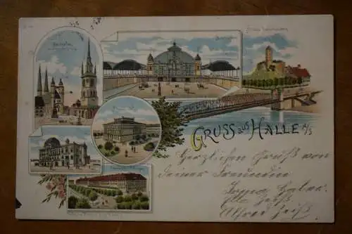 Ak Halle (S.), Litho, Gruss aus Halle, Markt, Bahnhof, Uni, Theater..., 1898 gel