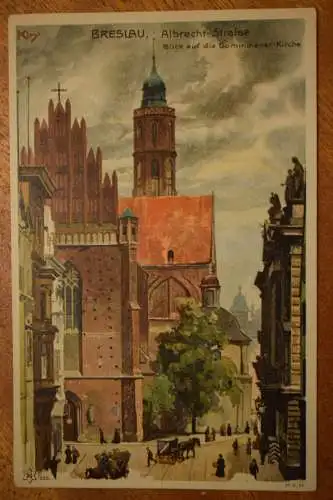 Breslau, Albrecht Strasse Blick auf die Dominikaner-Kirche, Künstlerkarte Kley