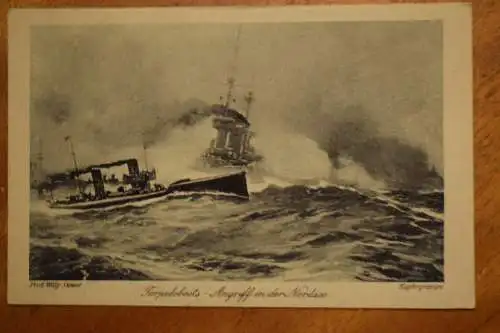 Torpedoboots-Angriff in der Nordsee, Prof. Willy Stöwer, um 1914 nicht gelaufen