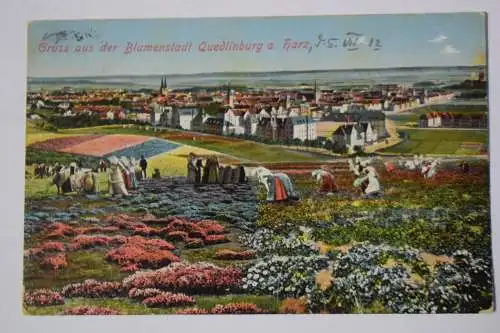 Ak Gruss aus der Blumenstadt Quedlinburg a. Harz, 1912 gelaufen