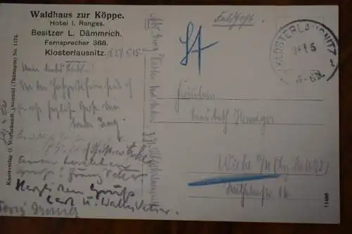 AK Klosterlausnitz Partie auf der Köppe Waldhaus zur Köppe, Hotel  1915 Feldpost