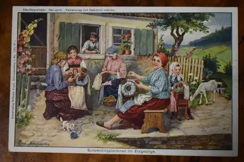 AK Spitzenklöpplerinnen im Erzgebirge, Künstlerpostkarte , 1917 gelaufen