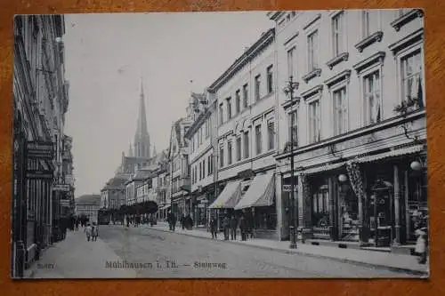 Ak Mühlhausen Steinweg, links W. Henneberg Dampfwurst, rechts L. Tenner Laden
