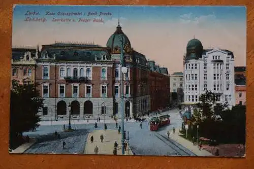 Ak Lwów, Lemberg Sparkasse u. Prager Bank, um 1916 gelaufen
