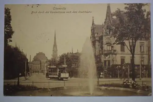 Ak Chemnitz, Blick durch die Carolastrasse nach dem Stadttheater,  1915 gelaufen