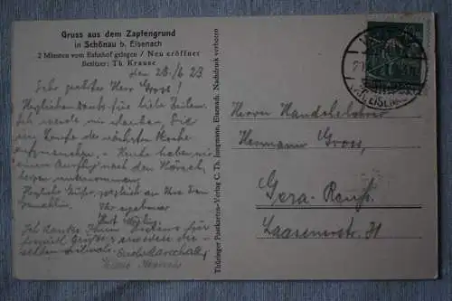Ak Gruss aus dem Zapfengrund in Schönau b. Eisenach,  1923 gelaufen