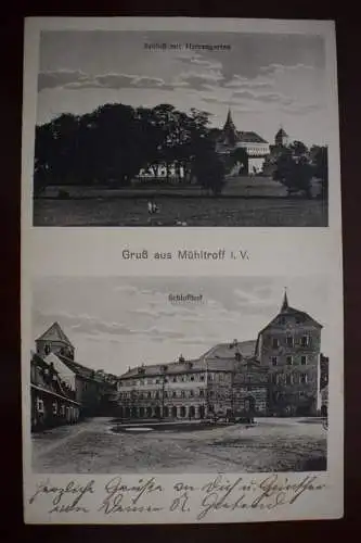 Ak Gruß aus Mühltroff, Schloß mit Herrengarten, Schloßhof, 1928 gelaufen