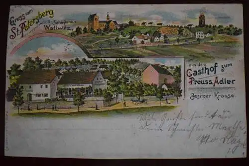 Ak Gruss vom Petersberg, Gasthof zum Preuss. Adler, Bahnstation Wallwitz, 1908