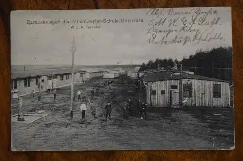 Ak Barackenlager der Minenwerfer-Schule Unterlüss, "W. u. A. Baracke 1918 gel.