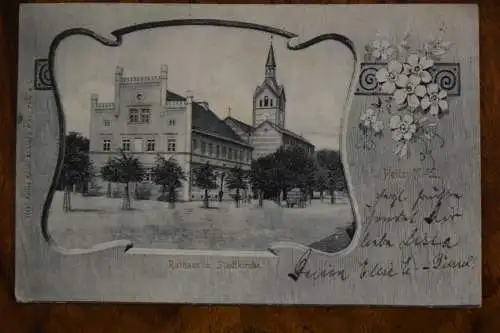 Ak Peitz N.-L. Rathaus und Stadtkirche, 1904 gelaufen