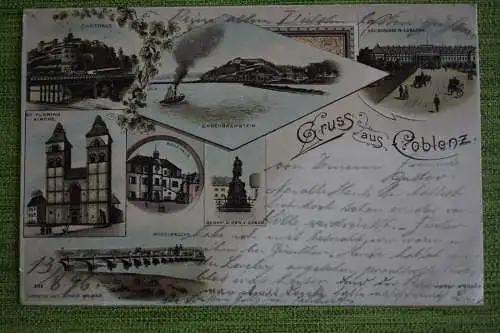 Ak Gruss aus Coblenz 1896 gelaufen, Carthaus, Schloss, Florins Kirche, Kaufhaus