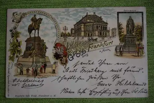 Ak Gruss aus Frankfurt, 1896 gelaufen, Kaiser Wilhelm, Opernhaus, Goethe