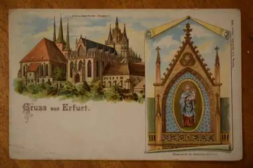 Ak Gruss aus Erfurt, Dom und Severikirche, Mosaikbild der Madonna, nicht gel.