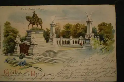 Ak Gruss aus Breslau, Denkmal Kaiser Wilhelm, 1897 gelaufen, Lithographie