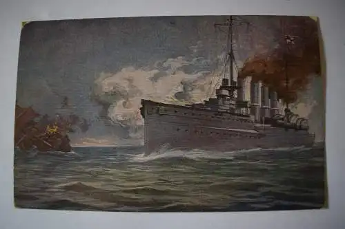 Ak Die Karlsruhe versenkt im Atlantik ein franz. Schiff, 1916 Marine Schiffspost