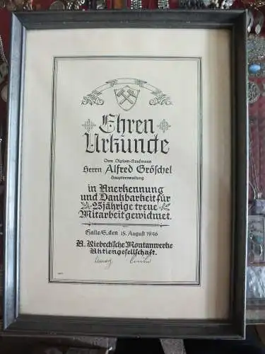 Alte Urkunde, Ehren-Urkunde, 25-jährige Mitarbeit Riebecksche Montanwerke Halle