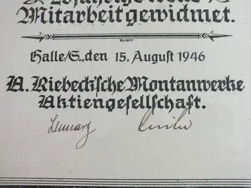 Alte Urkunde, Ehren-Urkunde, 25-jährige Mitarbeit Riebecksche Montanwerke Halle