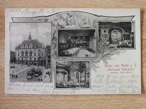 Ak Halle (S.), Gruss aus Halle, Restaurant Rathskeller, Inh. Fritz Dietzel, 1908