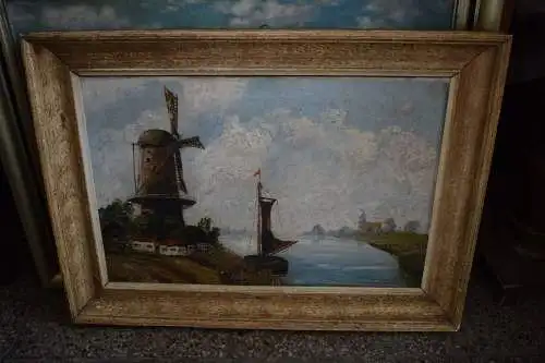 Schönes Ölgemälde, Holländische Szene mit Windmühle, signiert