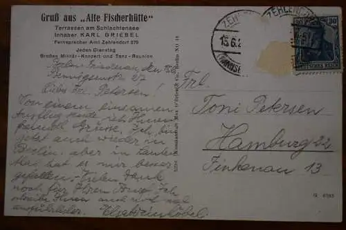 Ak Alte Fischerhütte am Schlachtensee, Inh. Karl Griebel 1923 gelaufen