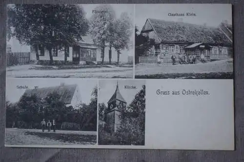 Ak Gruss aus Ostrokollen, Försterei, Gasthaus Klein, Schule, Kirche, 1913 gel.