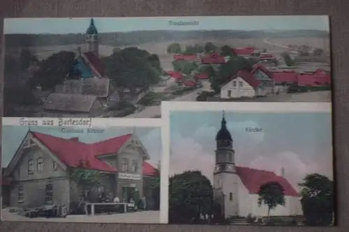 Ak Gruss aus Bartesdorf, Totalansicht, Gasthaus Krause, Kirche,  1913  gelaufen