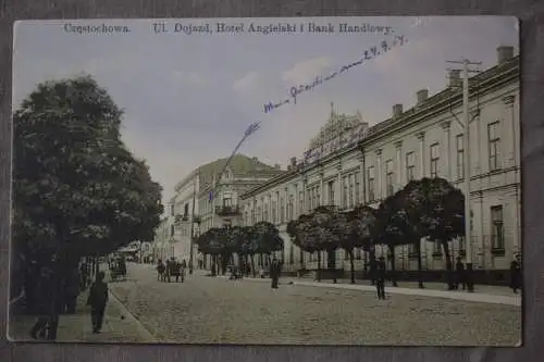 Ak Czestochowa, Ul. Dojazd, Hotel Angielski i. Bank Handlowy, 1914