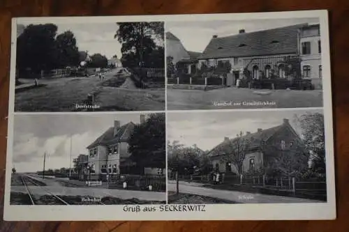 AK Gruß aus Seckerwitz, Dorfstraße, Gasthof zur Gemütlichkeit, Bahnhof, Schule