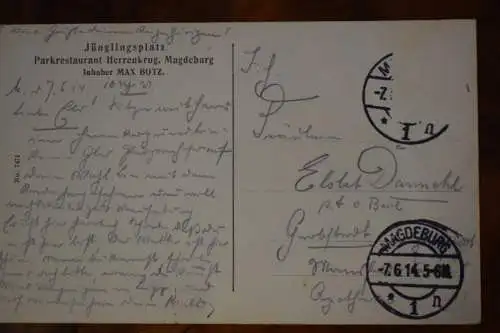 AK Jünglingsplatz, Parkrestaurant Herrenkrug Mgdeburg, Inh M. Botz 1914 gelaufen