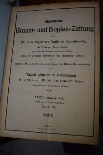 Allgemeine Brauer -und Hopfenzeitung 1903 Band 1, Januar - Juni, gebunden, Bier