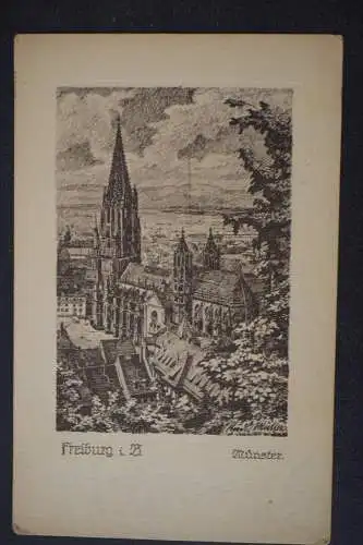 Ak Freiburg i.B., Münster, Original Federzeichnung Rudi Müllers, 1923 gelaufen