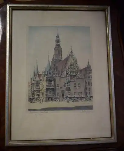 Breslau Rathaus, Original Radierung, signiert, 42cm x 32cm