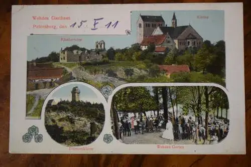 AK Wehdes Gasthaus Petersberg, Kirche, Bismarckturm, Wehdes Garten 1911 gelaufen